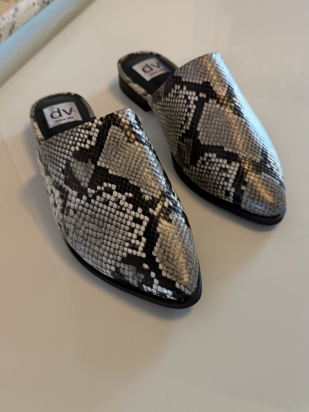 DV by Dolce Vita Black & Silver Snake-Print Pointed Mules